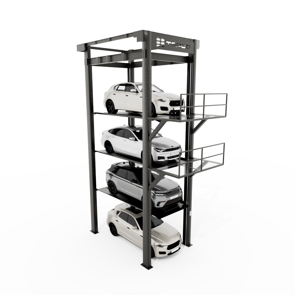 Quadruple Vehicle Car Stacker - The Quad Vehicle Parking Stacker height is adjustable and stows four cars in a vertical stack. The lower parking space must always be empty for the upper platforms to be lowered. This system can be installed indoor, outdoor, and for both new and/or retrofit projects. Save Time and Money with The Automated Parking Company’s Car Parking Lifts For residential facilities, garage car lift storage can maximize storage space and offer safe and convenient car storage. The garage parking lift can save you from incurring the cost of a major renovation to create added parking space or paying for expensive off-site storage. For maximum capacity, consider either our two post double stacker or our four post parking lifts, both offering a high lifting capacity and certified to be safe for most any use. If you are considering parking options for a multi-family complex or a commercial establishment where parking demand is high but there is limited space for parking, a mechanical stacked parking solution is ideal. Depending on the requirement, you can opt for the two post double stacker or four post triple and quad stacker to create maximum parking space for users’ ease and convenience. Get Reliable Car Stacker Solutions at TAPCO When it comes to car stacking solutions and attended parking systems, The Automated Parking Company stands out as the most reliable provider offering matchless expertise and service. With years of experience in automated parking solutions and mechanical parking stackers, we have established ourselves as pioneers in the field and continually push the boundaries for innovative parking solutions. We understand the unique requirements of each project or property, which is why we work closely with our clients to design and form tailored attended parking systems that cater to the project or property layout and parking requirements. Our parking solutions are engineered and manufactured for longevity, as our systems are subjected to vigilant and thorough scrutiny to ensure reliability and durability for long-lasting performance. Whether you require a retrofit for an existing property or want to incorporate an attended-oriented parking system into a new project, we are here to offer efficient and cost-effective solutions. Contact us today to discuss your parking needs.