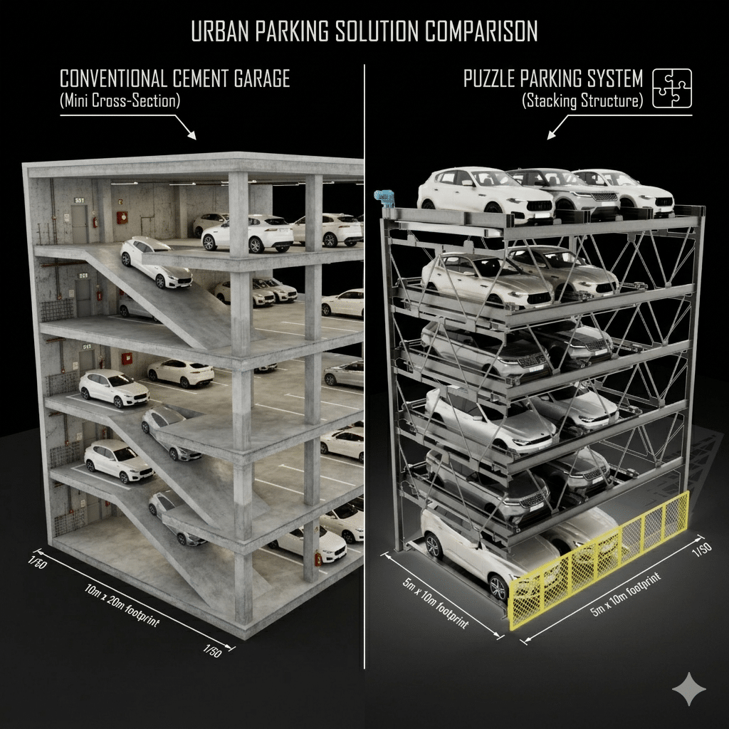 Stop building 3 levels of garage when you only need one. Every foot of vertical concrete you pour is a tax on your project's ROI. If you are still designing multi-level concrete parking decks to meet your stall count, you are building a monument to wasted capital. A traditional three-story parking garage isn't just expensive; it’s inefficient. Between the thick slabs, ramps, and massive clearances, you're losing volume that should be rentable square footage. The solution? Height compression. By designing a single level with a 12' clear height and integrating our mechanical stackers, you achieve the same density as three traditional floors. You reclaim that vertical space for higher-value uses: more residential units, extra office space, or simply a lower building height to clear zoning hurdles. We aren't just resellers. As a US-based turnkey firm, we design, manufacture, and install these systems to ensure they work for the life of the building. Stop paying for concrete you don't need. Design for density, not dead space. Call Us for a FREE parking design review, valued at $5,000: (877) 827-2611 https://lnkd.in/gt-ErFRK #AutomatedParking #EVCharging #Multifamily #CommercialRealEstate #FutureProof #SmartBuilding #ParkingInnovation #carstackers #doublecarstackers #triplecarstackers #quadruplecarstackers #valet #mechanicalstackers #roboticparking #RealEstateDevelopment #AdaptiveReuse #Multifamily #Architecture #UrbanInfill #ParkingDesign